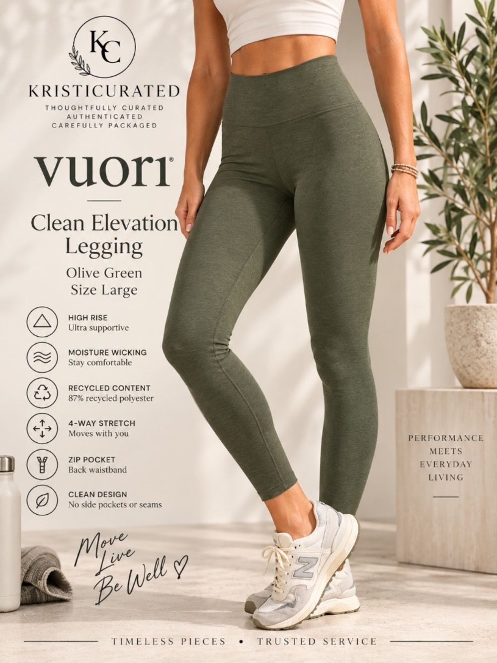 Vuori Clean Elevation Legging Olive Green Large DreamKnit 25" High Rise